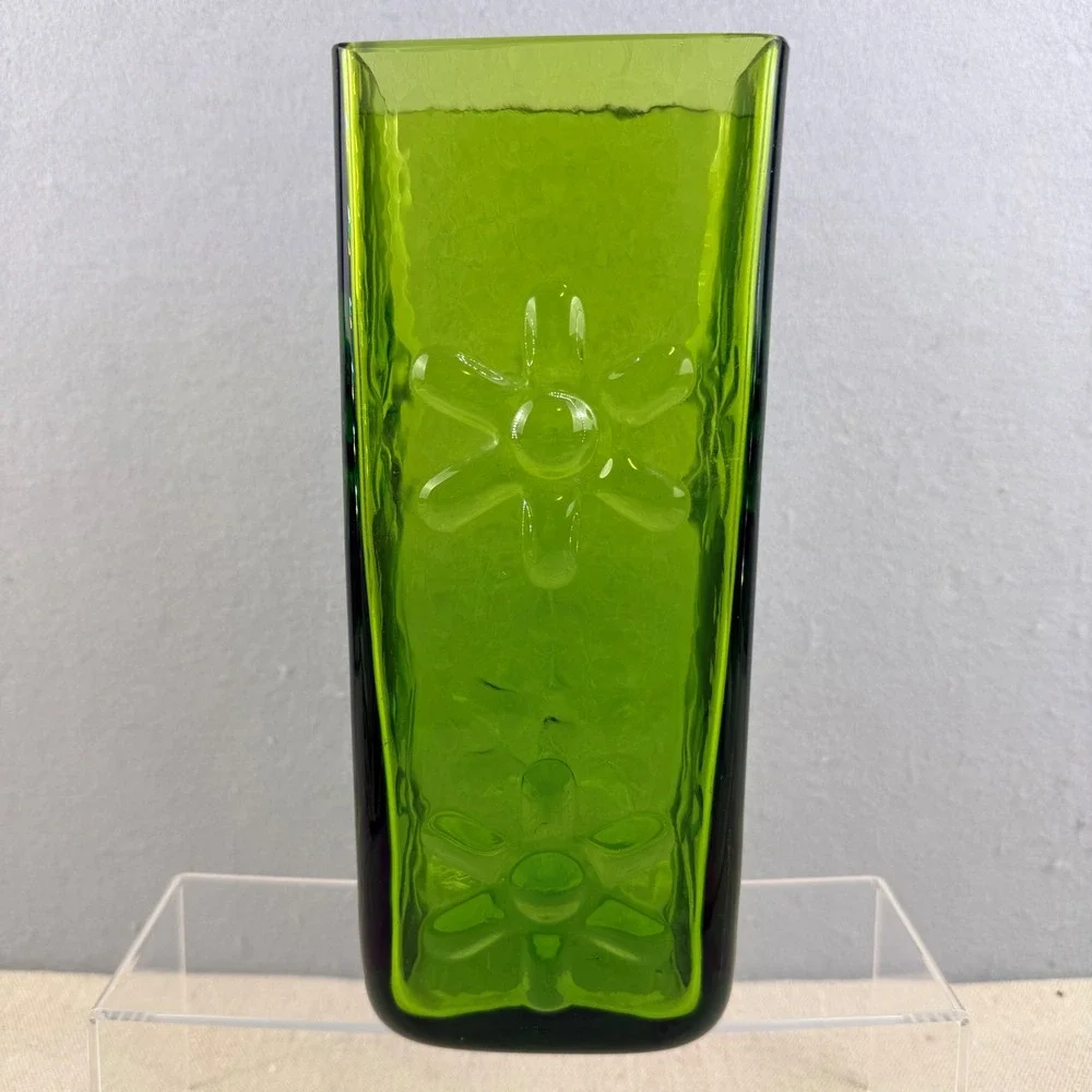 Blenko 6115M Olive‎ Green Asterisk Daisy Block Vase Wayne Husted 10.5